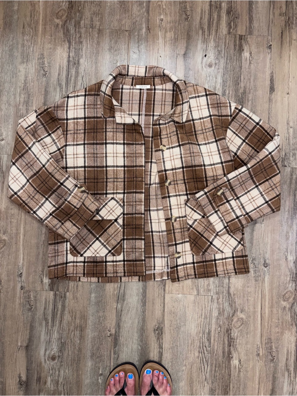 JODIFL Brown Cream Plaid Utility Jacket Womens Size S B8957 Showroom Sample